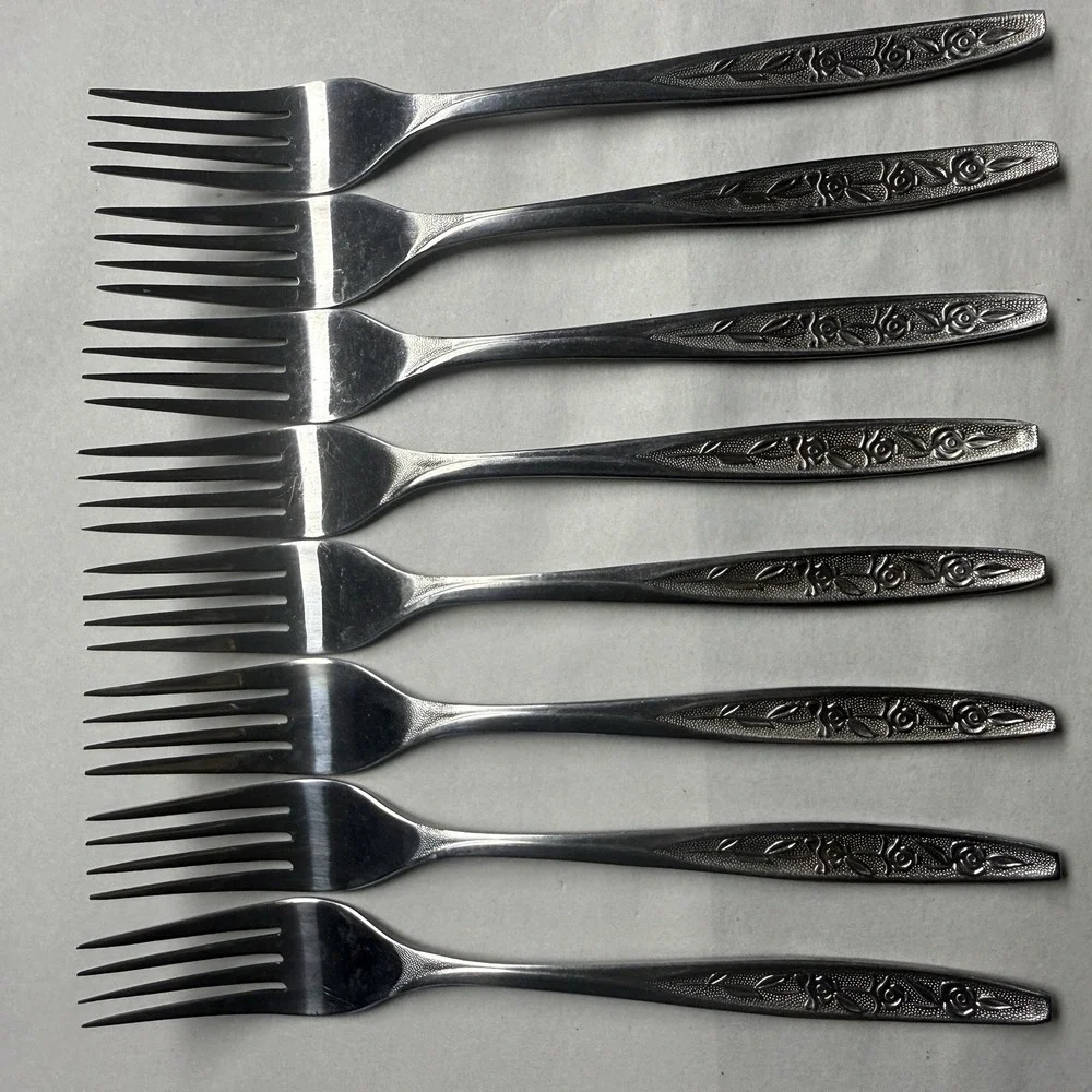 8 Vintage Customcraft CUS1 Dinner Forks Roses Stainless Steel Flatware